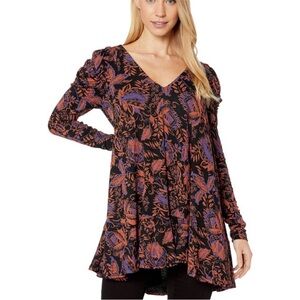 Free People Hello Lover Top Women’s XS Floral Long Sleeve Noir Combo V-Neck